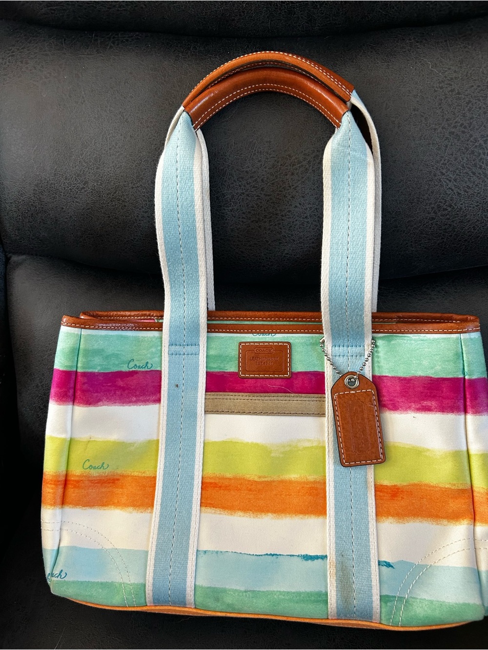 Coach Hampton Stipe Watercolor Canvas Tote in Pastel Rainbow Style 10067